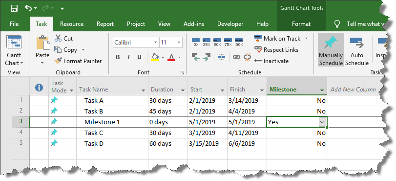 See which lines in Microsoft Project are milestones and which are tasks.