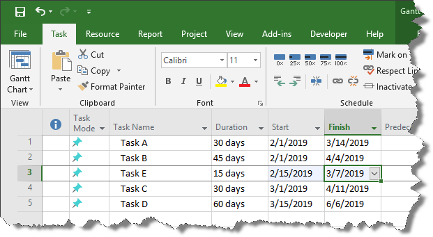 New task inserted into the middle of Microsoft Project.