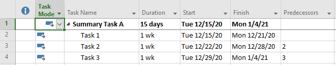 Our tasks, with Summary Task A switched to Auto Scheduled mode.