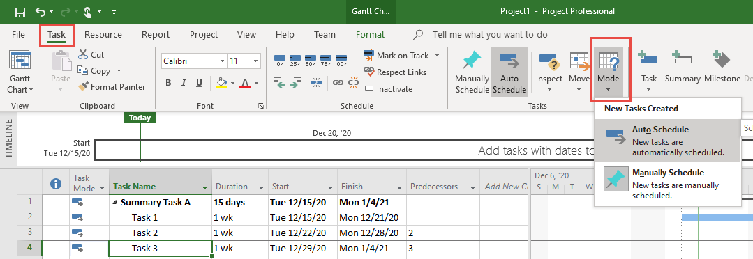 Changing the default mode for new tasks from Manually Schedule to Auto Schedule.