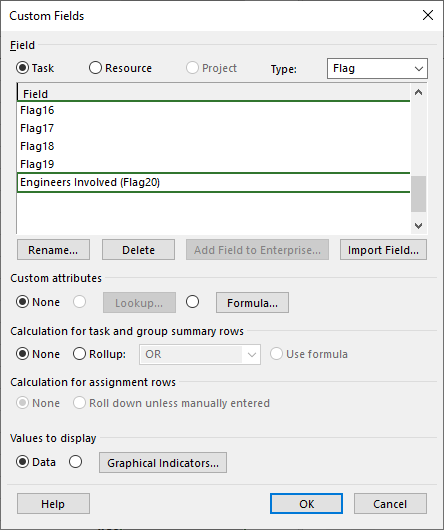 Custom Fields dialog box showing Flag20 renamed to Engineers Involved.