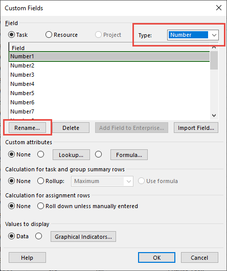 The Custom Fields dialog box, showing numeric fields.