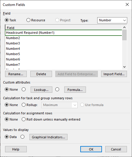 Custom Fields dialog box showing Number1 renamed to Headcount Required.