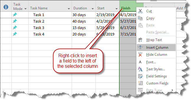 Right click to insert a new column into Microsoft Project.