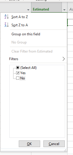Filtering the Estimated field to display only Yes values.