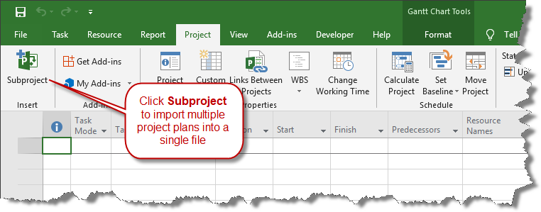Subproject button in Microsoft Project.