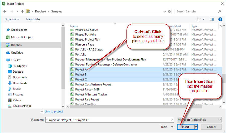 Import multiple MPP files into a master project file.