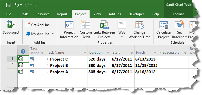 Multiple MPP files imported into a single master project file