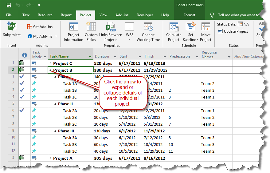 Click to drill down into the details of each individual Microsoft Project plan.