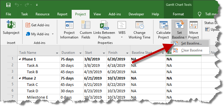 Set the initial baseline in Microsoft Project