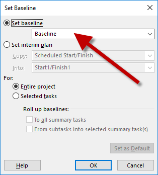 Default settings for establishing a project baseline