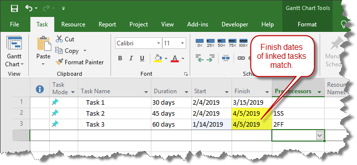 Finish-to-Finish dependency in Microsoft Project