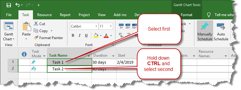 Select two tasks in Microsoft Project.