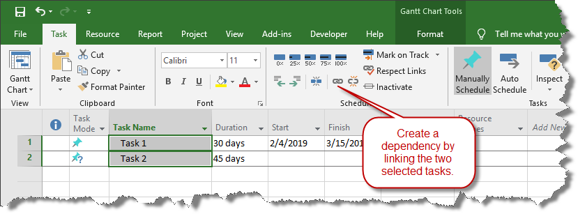Link two tasks together in Microsoft Project.
