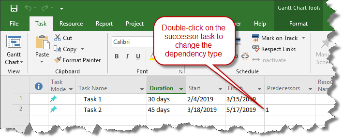 Double-click on the successor task.