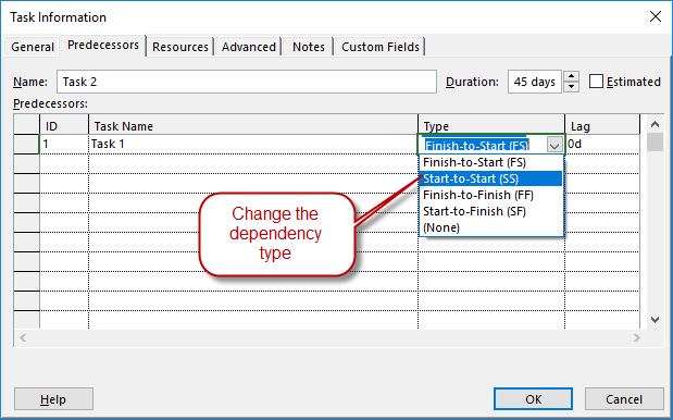 Change Predecessor Rules in Microsoft Project