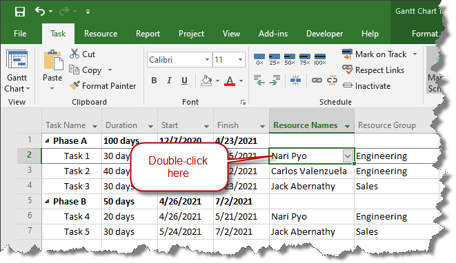 Double-click on a resource assignment in Microsoft Project.