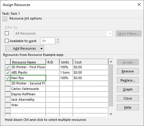 Microsoft Project's Assign Resources Screen.
