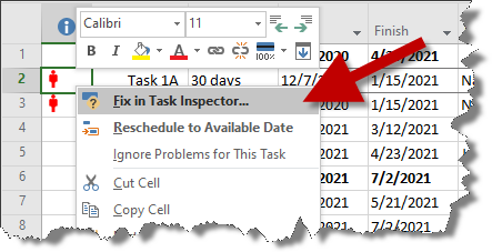 Microsoft Project Fix in Task Inspector