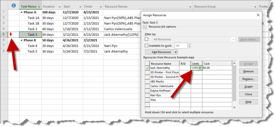 ms project assign resource hours