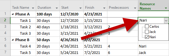 Resource picklist in Microsoft Project.