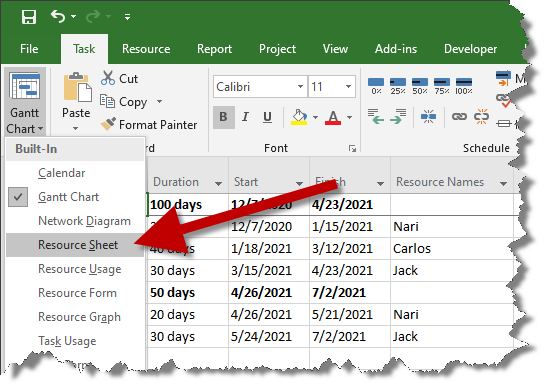 Switch to the Resource Sheet view in Microsoft Project.