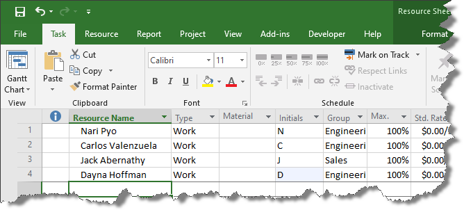 Add, remove, or modify Microsoft Project resources on the Resource Sheet.