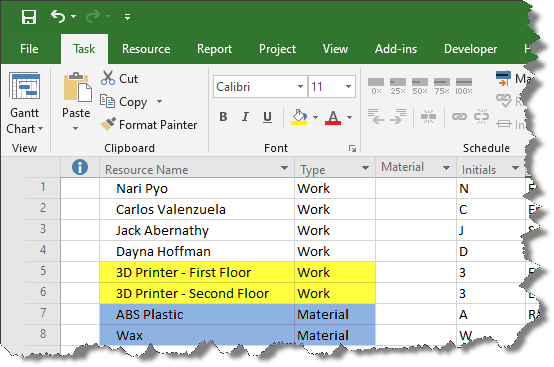 Assign resource types on the Microsoft Project resource sheet.