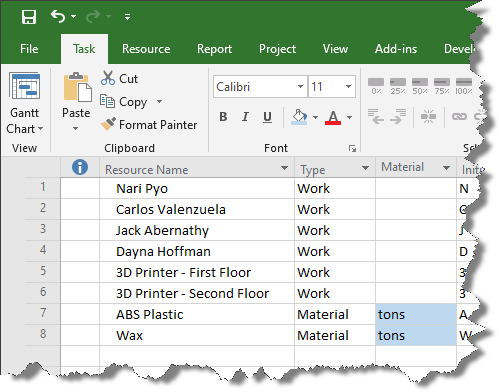 Specify units of measure for material resources in Microsoft Project.