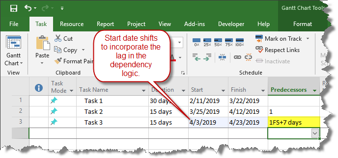 Task rescheduled in Microsoft Project due to lead time adjustment.
