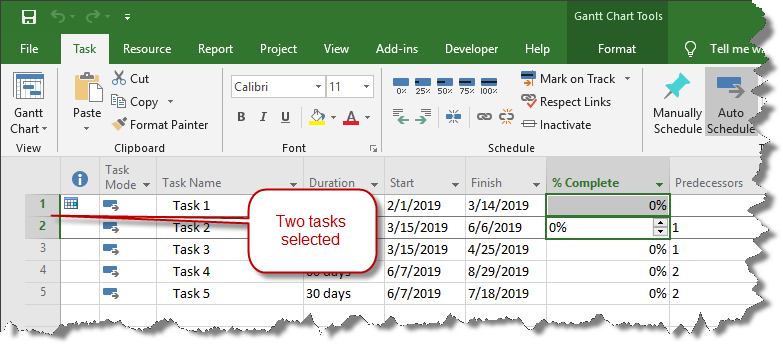 Select multiple tasks in microsoft Project.