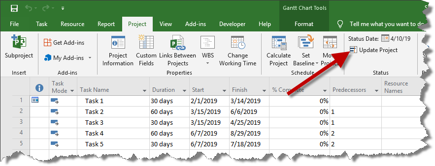 Click on Update Project to update your entire project plan to be on track with the status date..