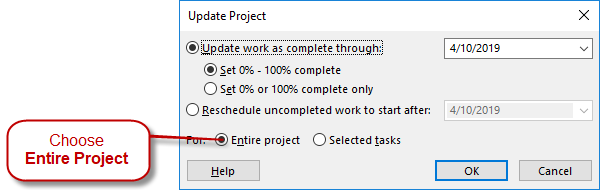 Adjust the percent complete of all tasks to line up with a status date.