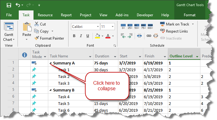 Collapse a Microsoft Project Summary Task.