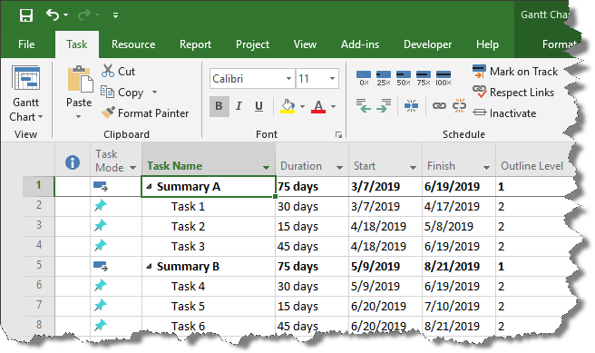 Expanded summary task in Microsoft Project.