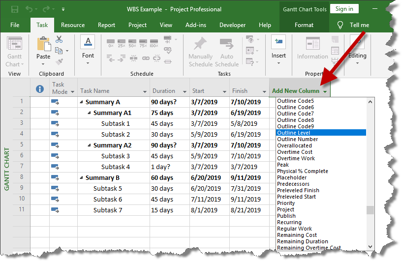 Insert the Outline Level field into Microsoft Project