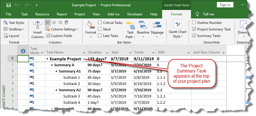 Project Summary Task in Microsoft Project.