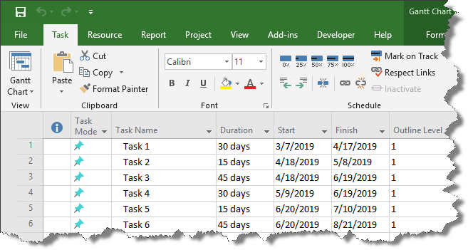 Simple Microsoft Project plan with no summary tasks.