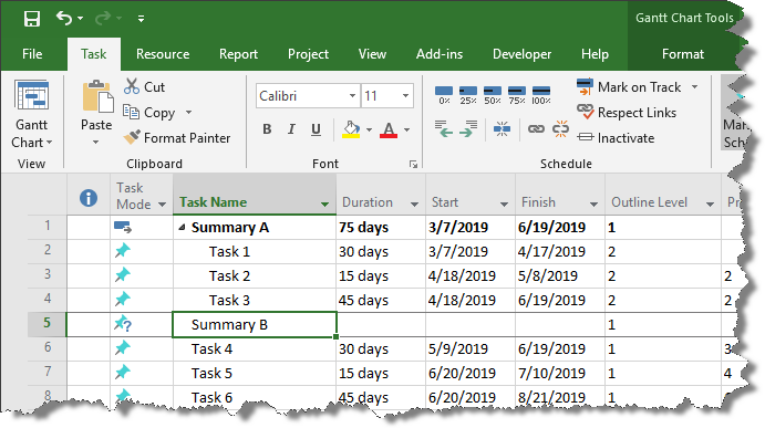 Second summary task in Microsoft Project.