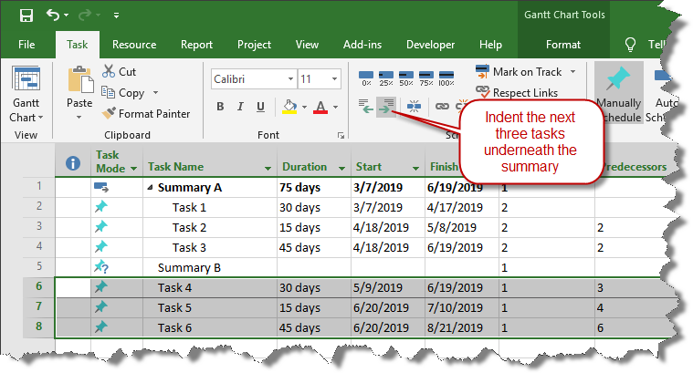 Second summary task in Microsoft Project.