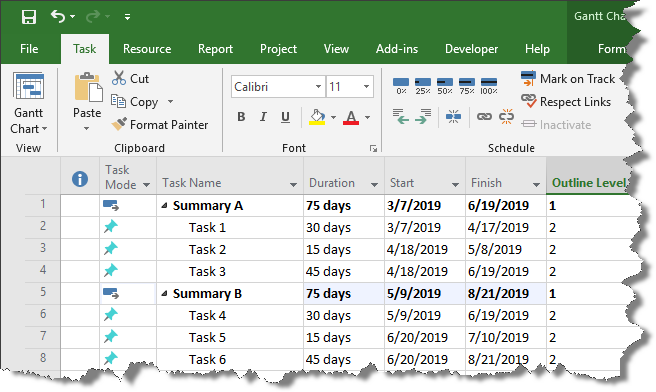Microsoft Project plan with two summary tasks