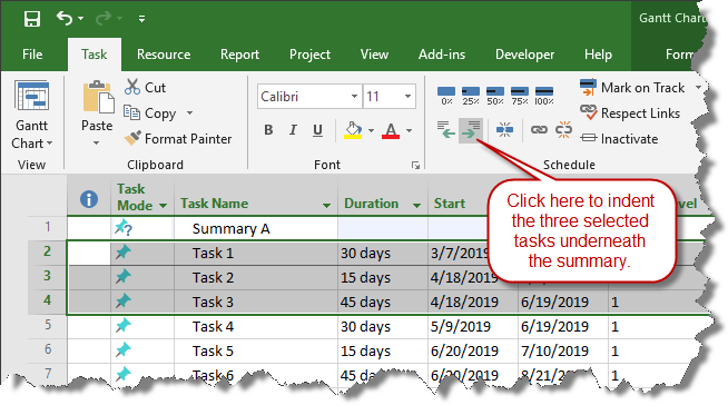 Indent tasks underneath the summary task in Microsoft Project.
