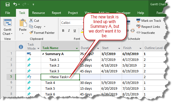 New task is indented underneath another summary task.