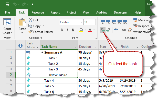 Outdent a task in Microsoft Project.