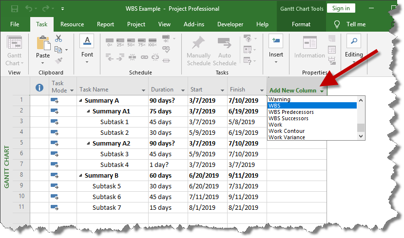Insert the WBS field into Microsoft Project