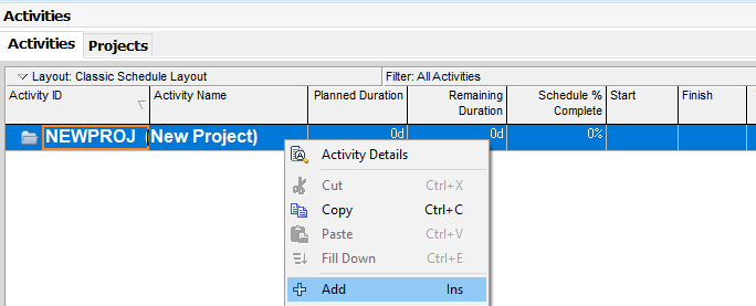 Inserting a new activty into a Primavera P6 project.