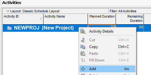 Adding a default activity to a new Primavera P6 plan.