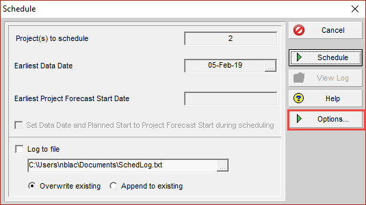 Go to the Options section of the Schedule dialog box.
