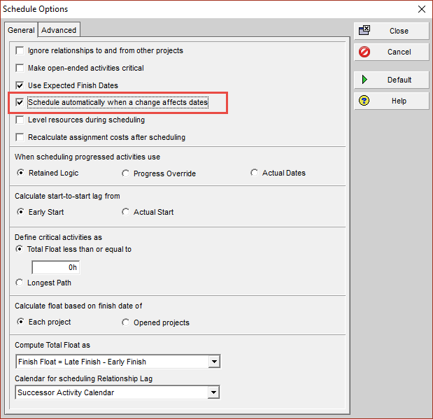Here is how we enable auto-scheduling in Primavera P6.