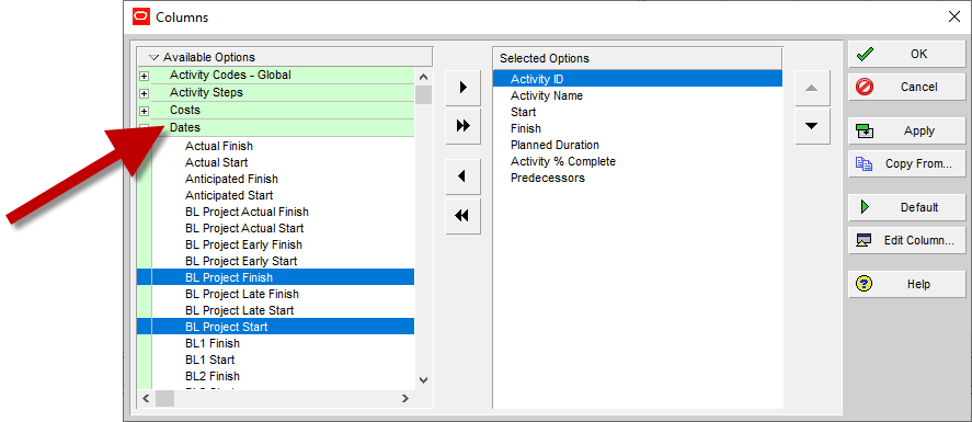Select the baseline project start and finish fields in Primavera P6.